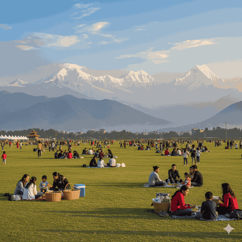 Panorama of a picnic spot near Bandipur at Tundikhel with mountain views and visitors enjoying the outdoors.