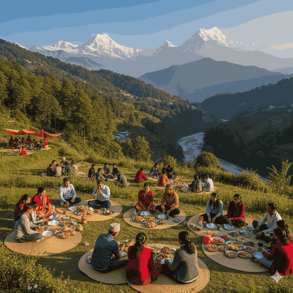 Stunning view of a scenic picnic spot in Nepal for tourists, featuring families enjoying outdoor meals amid mountain scenery.