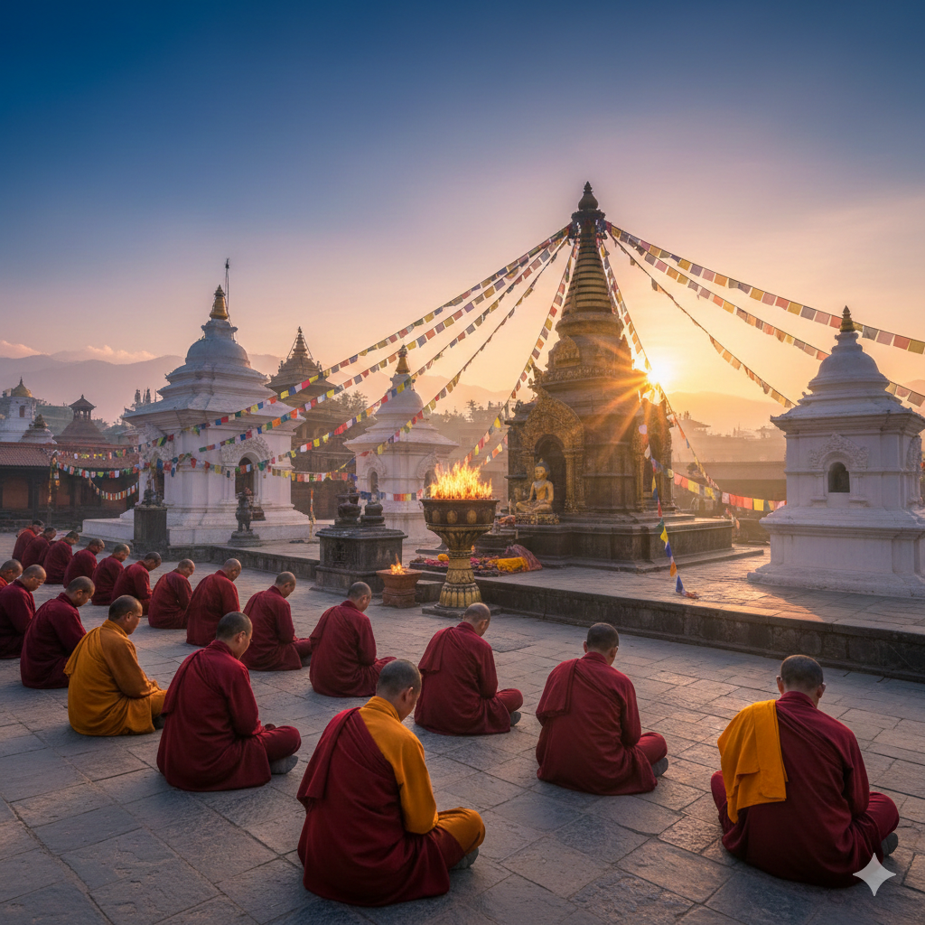 Pilgrims meditating and praying at sunrise during Buddha Jayanti celebrations in Lumbini, with prayer flags and ancient stupas in the background.