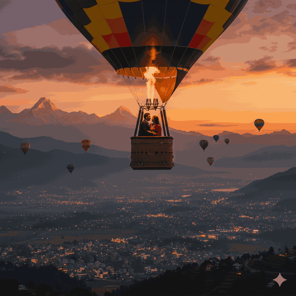 Romantic sunset hot air balloon in Pokhara during the best time for hot air balloon in Pokhara