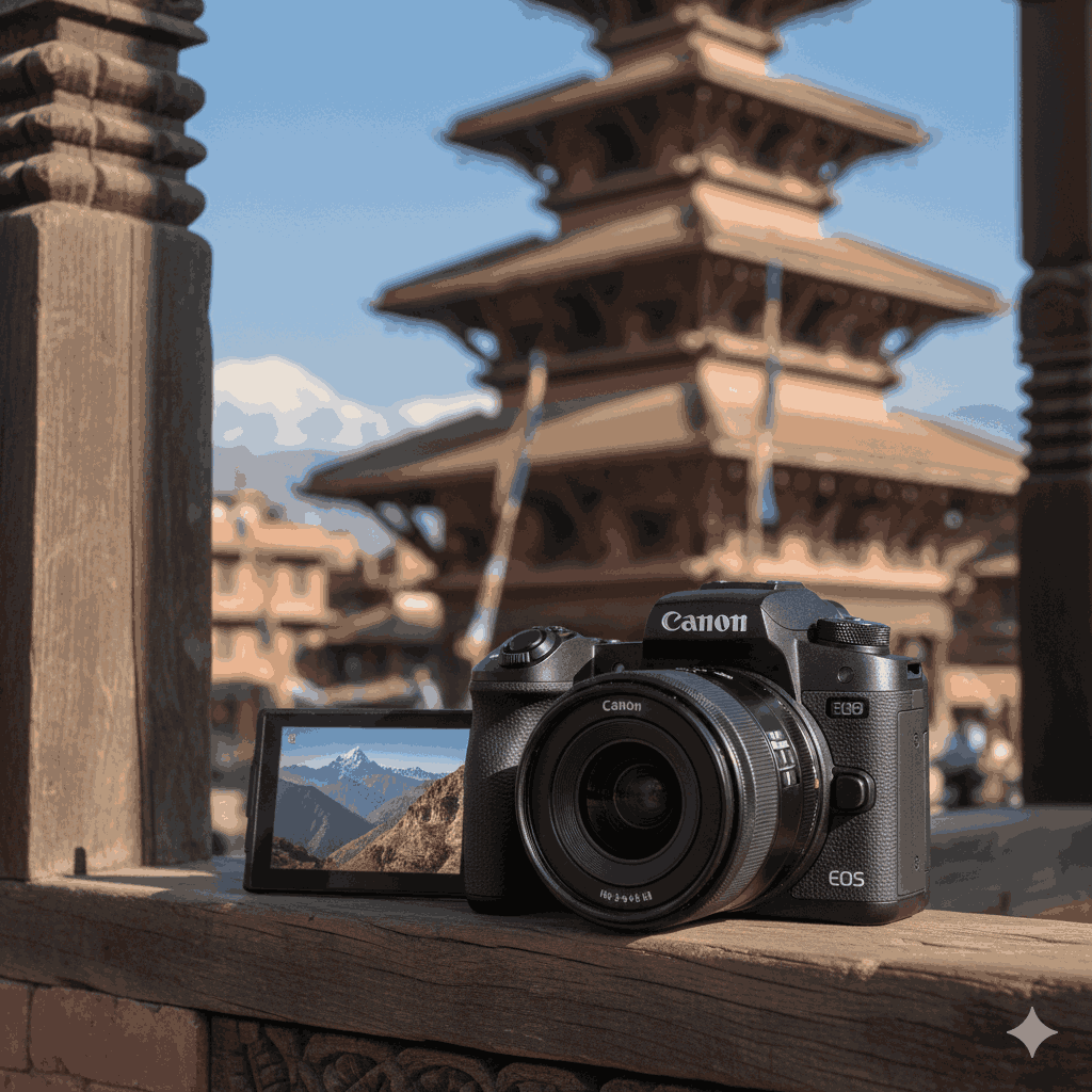 The best budget camera in Nepal for beginners – Canon EOS R100 with kit lens in a Nepali mountain setting.