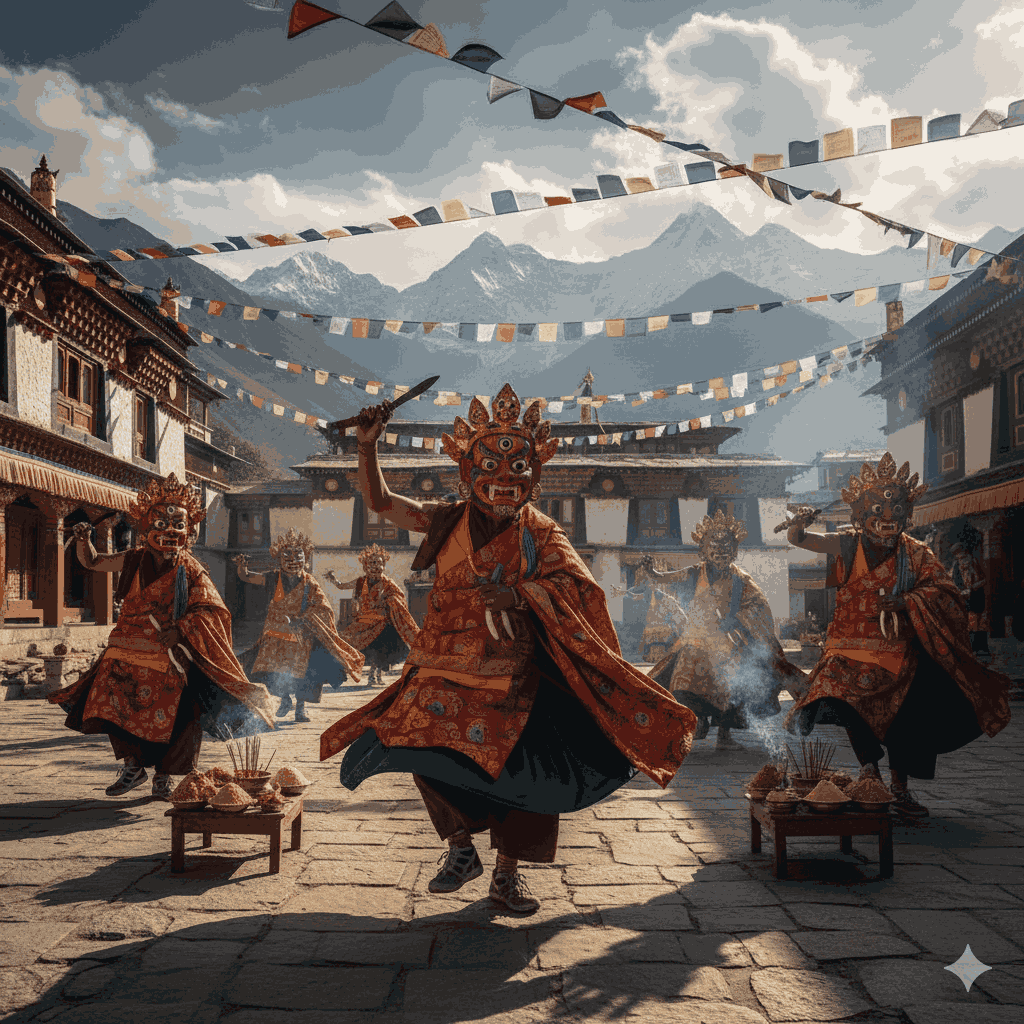 Why Losar Is One of the Most Important Festivals in the Himalayan Region — monks performing Cham dances during Losar to symbolize spiritual cleansing