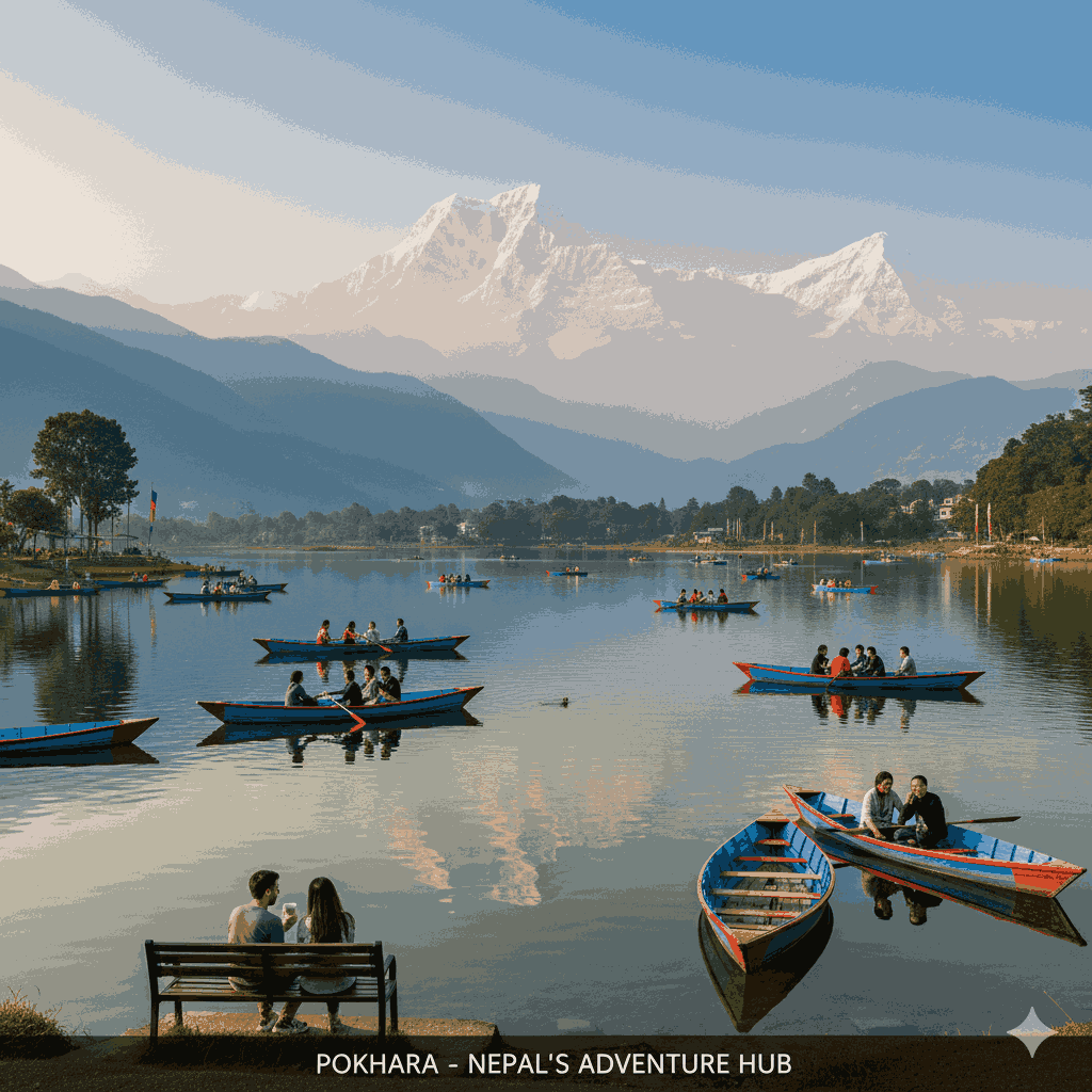 Scenic view of Phewa Lake in Pokhara, Nepal, with Himalayan reflections and boats, highlighting natural attractions for a 1-week trip on where to visit and what to do.