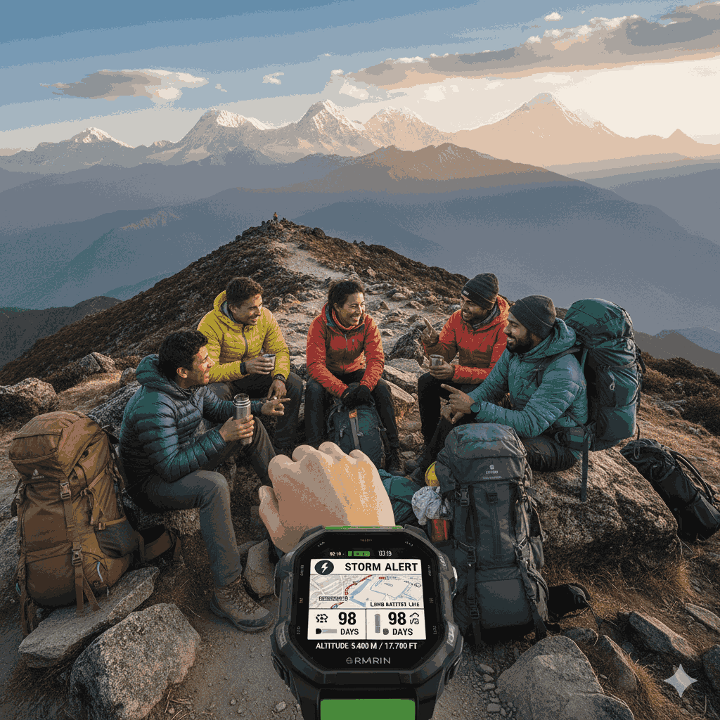 Hiker using a smartwatch with longest battery life for multi day hiking trips for navigation, remote high-altitude terrain, mountain peaks