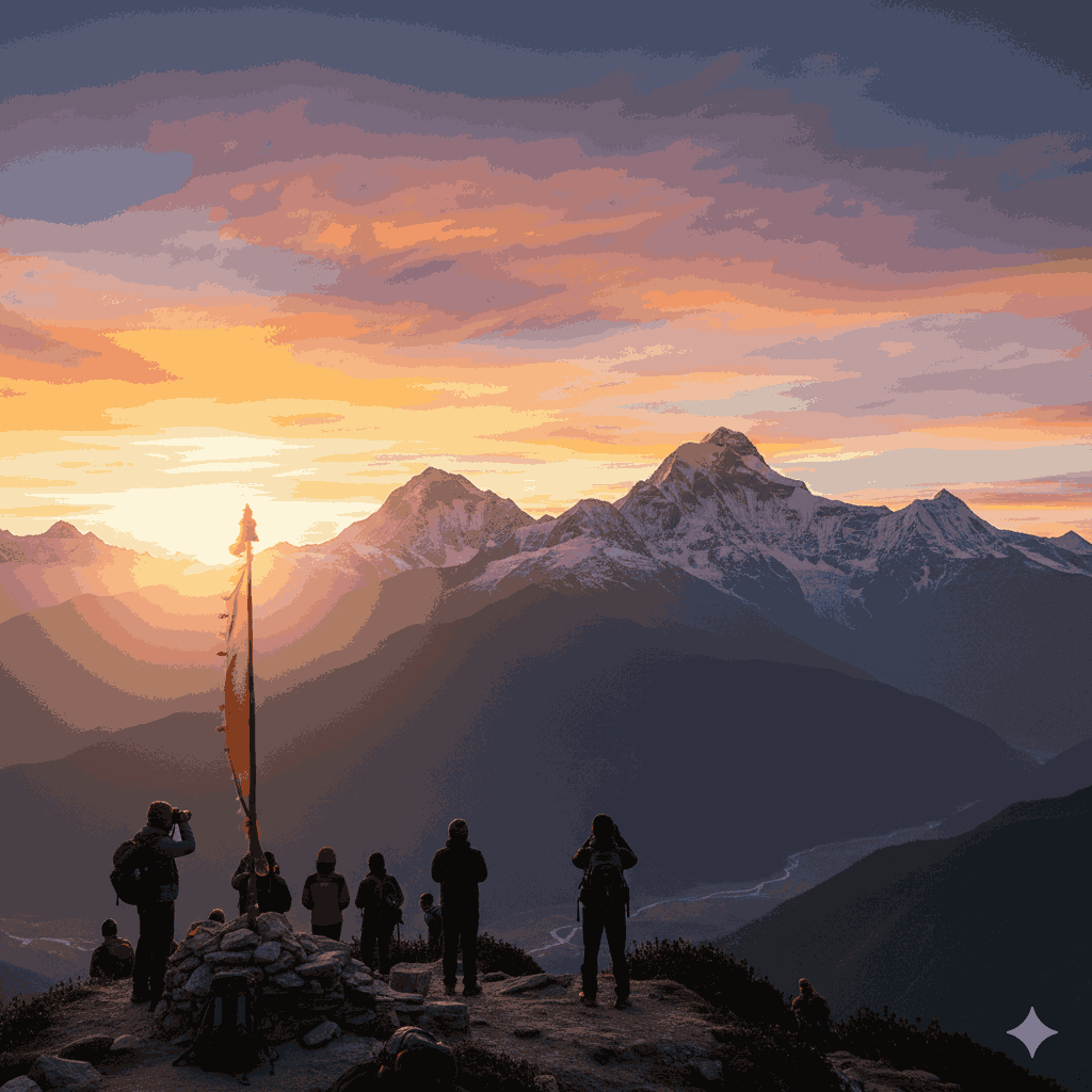 Spectacular sunrise over Dhaulagiri and Annapurna peaks from Poon Hill, one of the top Tourist Attractions in Myagdi District, Nepal.