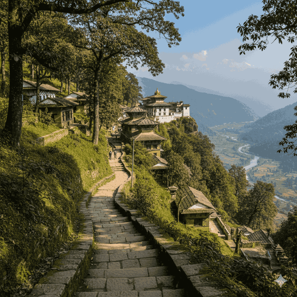 Stone staircase on the Gorkha Bazaar to Upallokot Ridge trail, one of the intermediate hiking trails near Gorkha, with lush greenery and traditional architecture.