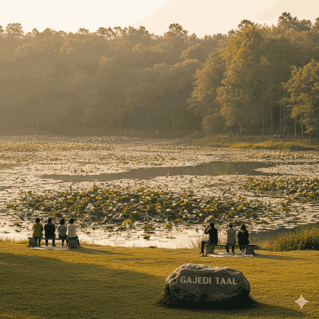 Peaceful picnic spot near Bhairahawa at Gajedi Taal with lotus flowers and migratory birds.