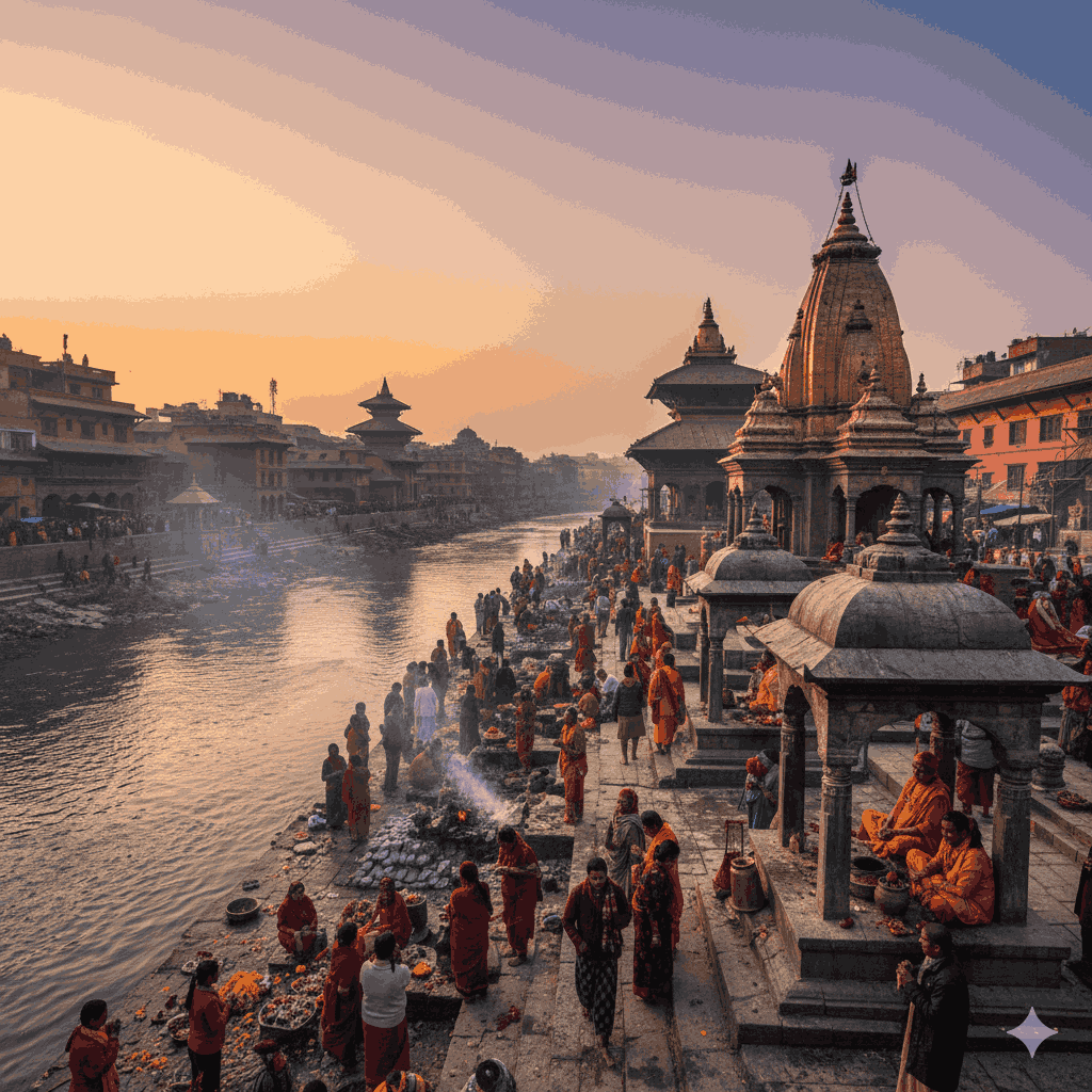 Pashupatinath Temple complex with pilgrims performing rituals along Bagmati River, spiritual and cultural setting