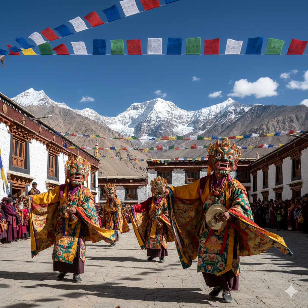 How Losar is celebrated in Mustang, Manang, and Himalayan villages — monks performing Cham dances during Losar in Mustang’s monasteries