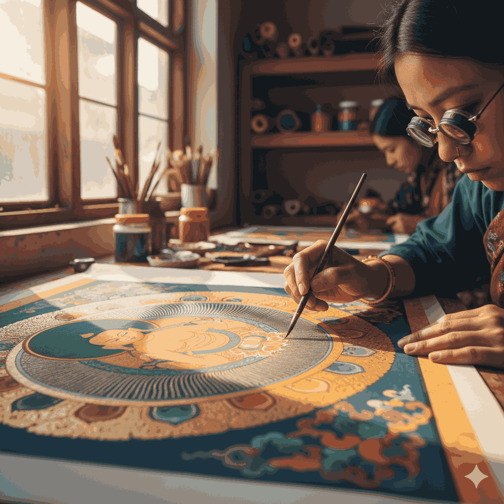 Traditional Thangka painting workshop in Kathmandu, a key exhibit at the best art museums in Nepal Kathmandu