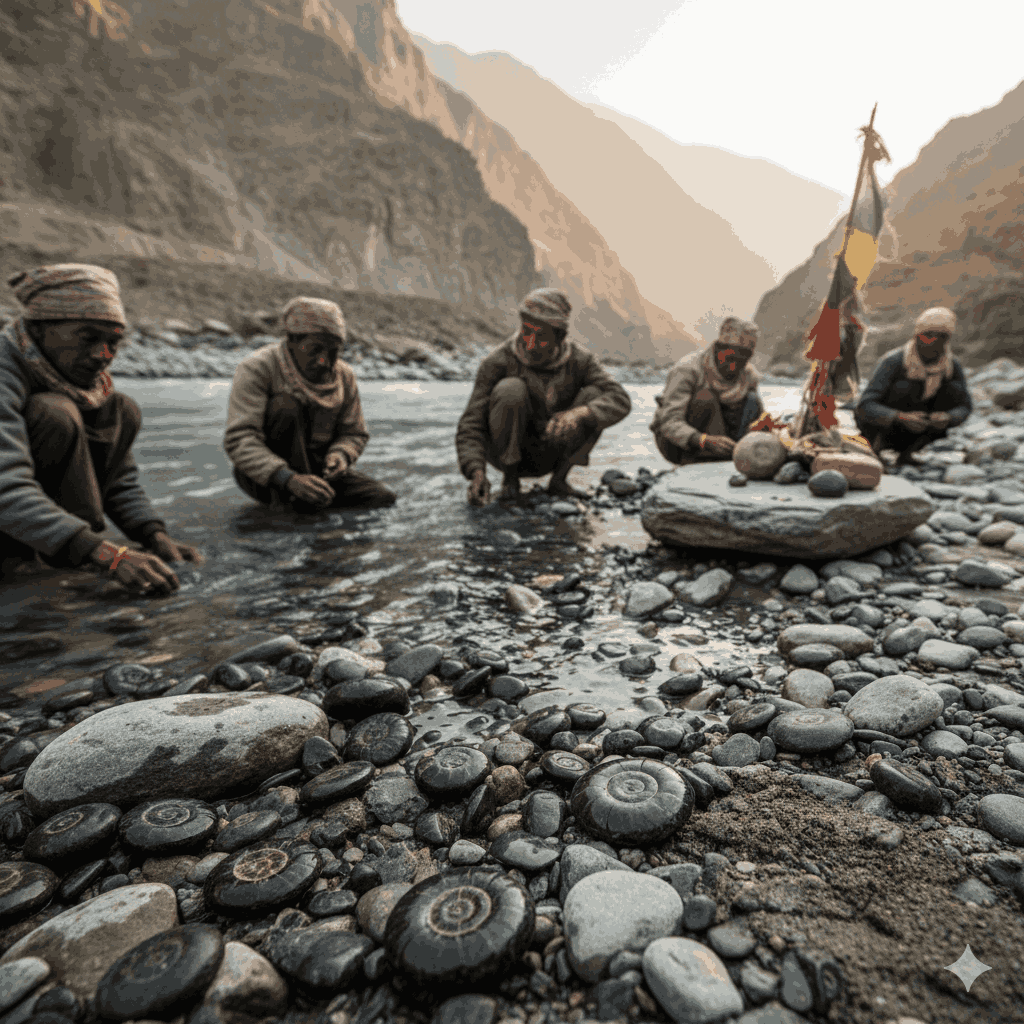 Shaligrams in the riverbed of the deepest land gorge on earth, representing spiritual significance. 