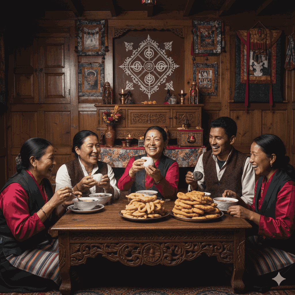  Losar Festival in Photos,Families celebrating with Guthuk and Khapse, embodying renewal and tradition during Losar.