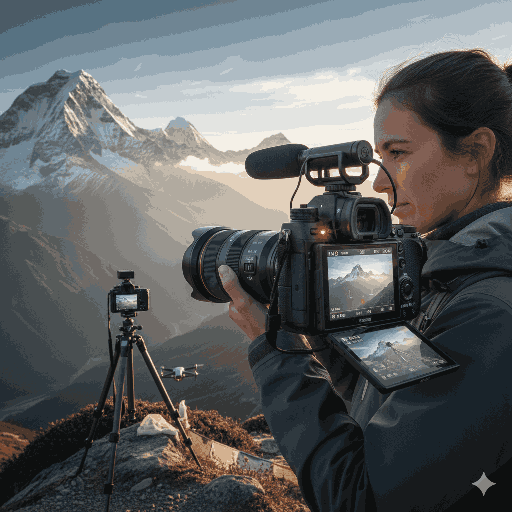 Stunning scene featuring the best camera for both photo and video capturing the Himalayas, perfect for creators documenting Nepal travel.