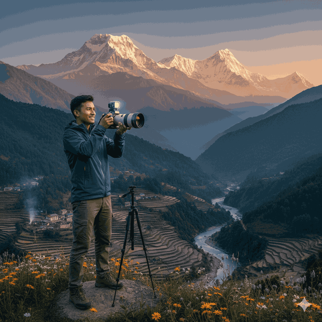 best camera for beginner photographers 2026 - beginner holding DSLR in scenic Nepal
