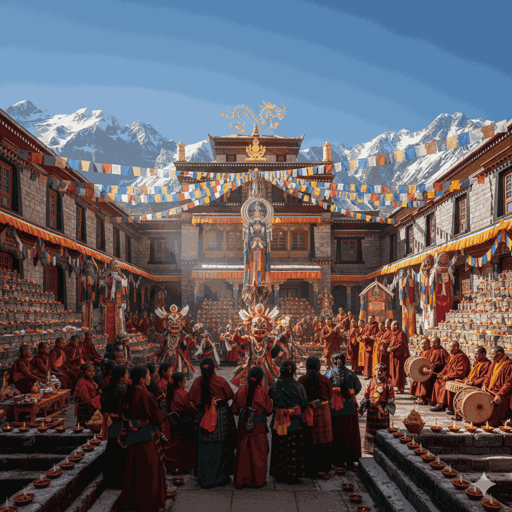 Featured image illustrating Losar celebrations in Nepal with prayer flags and monks, highlighting if Losar is a public holiday in Nepal