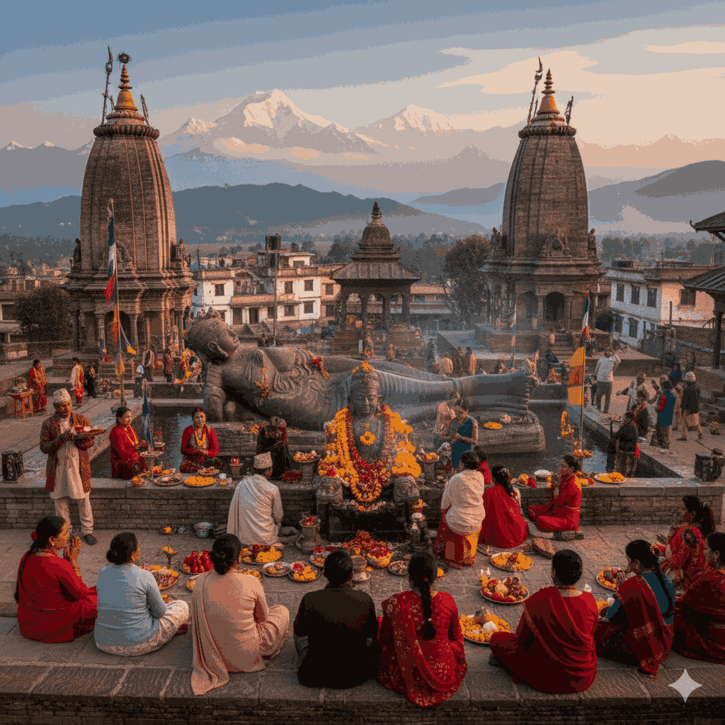 Pilgrims at the 4 Narayan temples in Kathmandu, experiencing spiritual devotion amidst historic surroundings