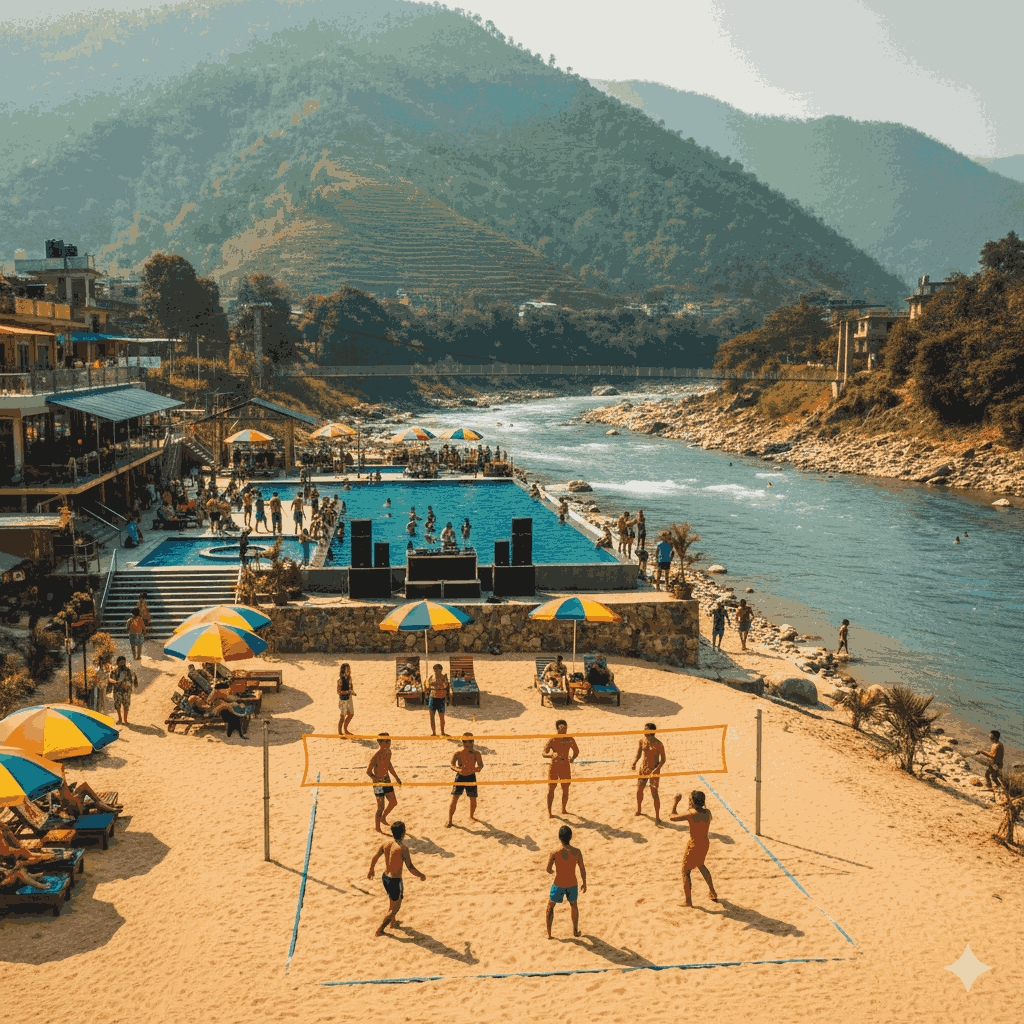 A vibrant Picnic Spot near Sukute with pools, beach volleyball, and a lively atmosphere, Nepal