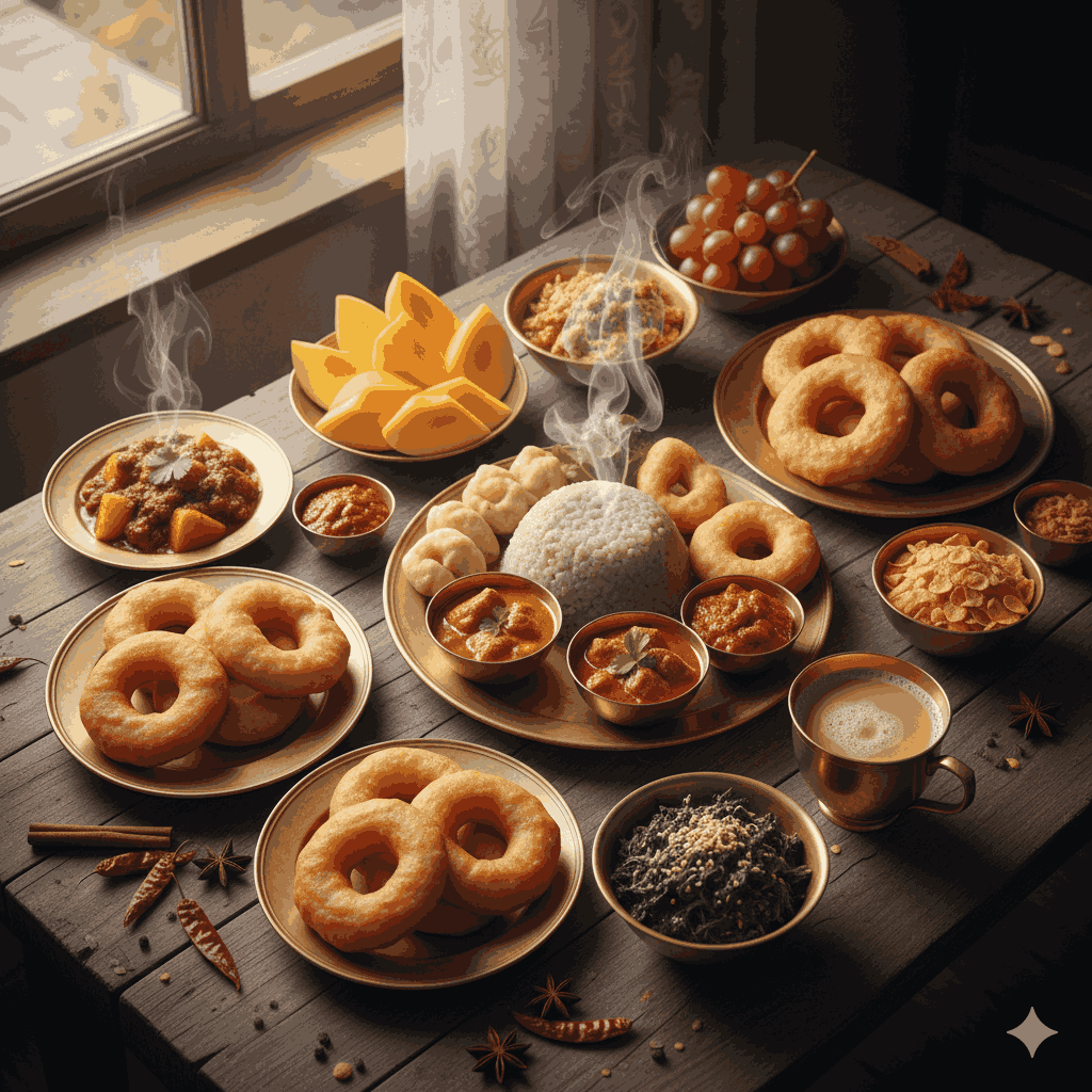 Nepali breakfast recipes showcasing Dhido, Sel Roti, Aloo Tama, Chiya, and fresh fruits