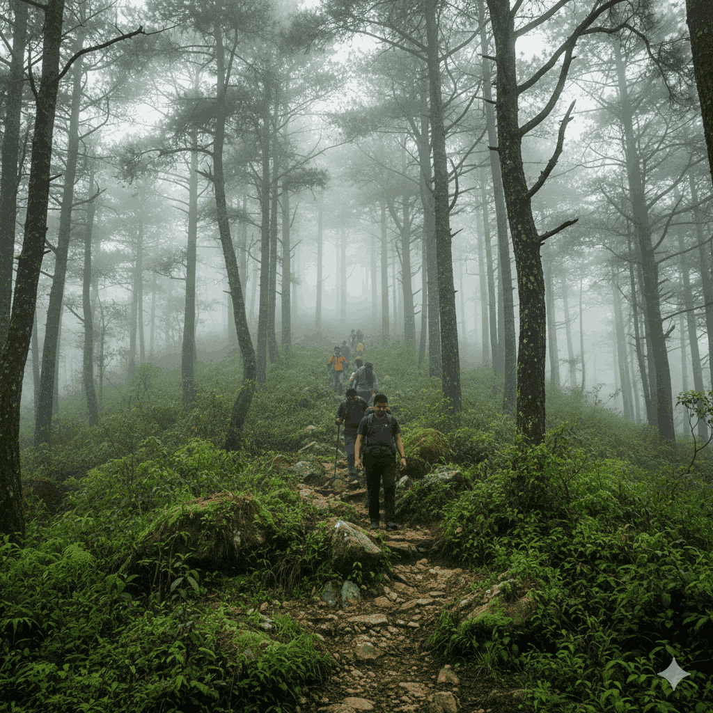 Steep forest trail from Godawari to Dadeldhura Ridge, one of the intermediate hiking trails near Dhangadhi, Nepal.