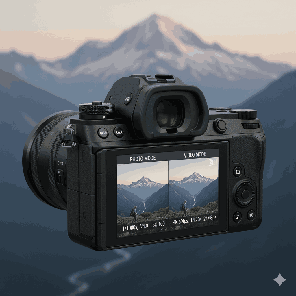 Close-up of the best camera for both photo and video, highlighting its hybrid capabilities amidst Nepal’s scenic backdrop
