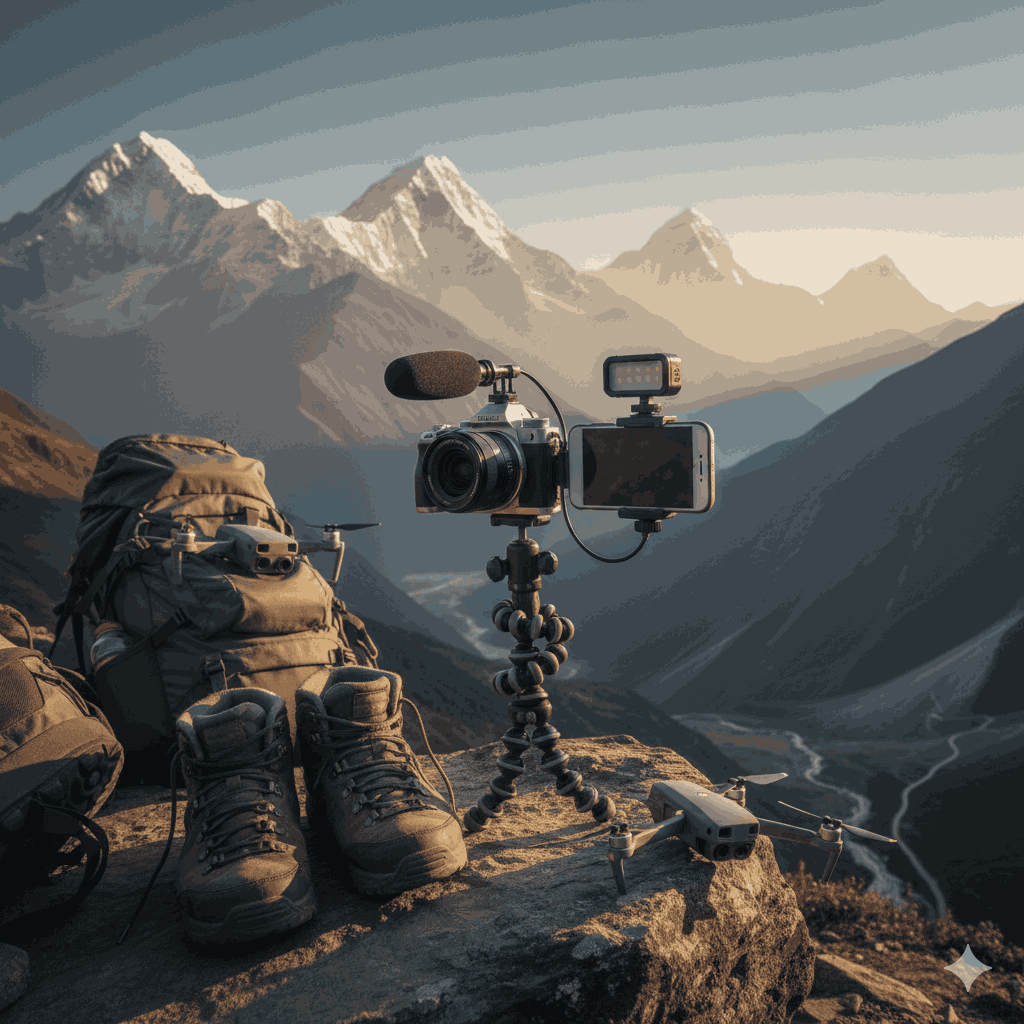 Budget vlogging gear in Nepal including a compact camera and smartphone, suitable for trekking and outdoor filming in rugged terrain.