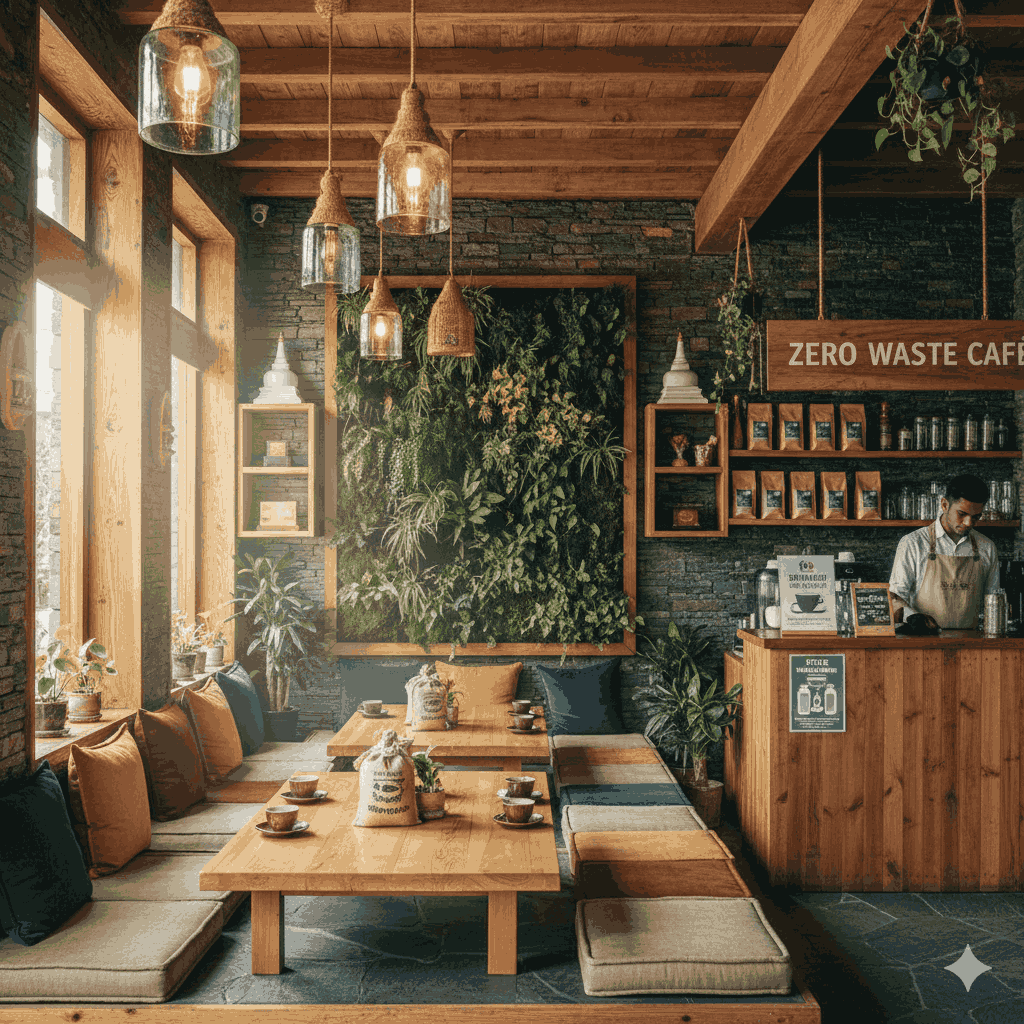 Eco-friendly cafe interior, organic coffee and greenery, Swayambhu