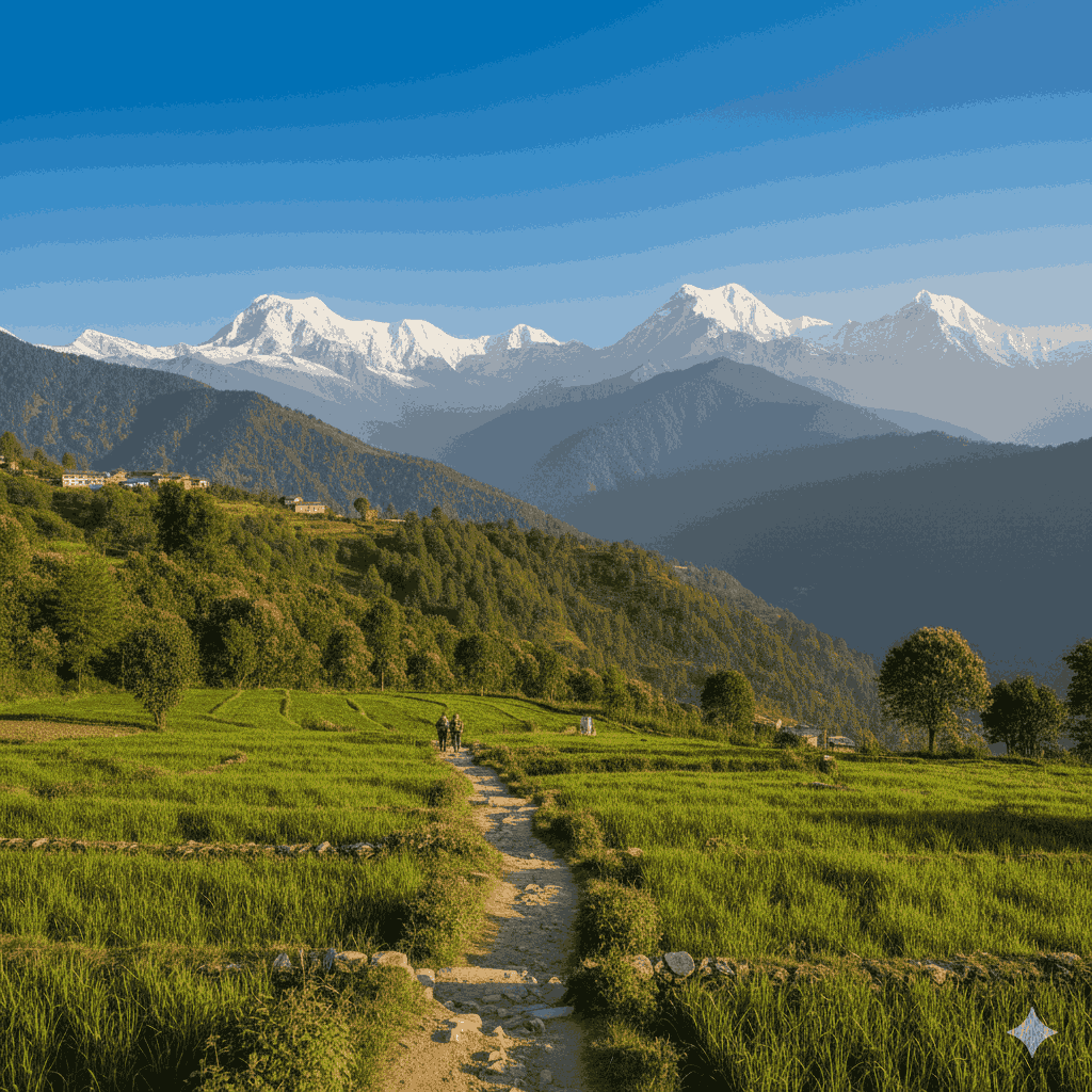 Trekking trail from Ghale Gaun Homestay to Poon Hill with Annapurna mountains in the background