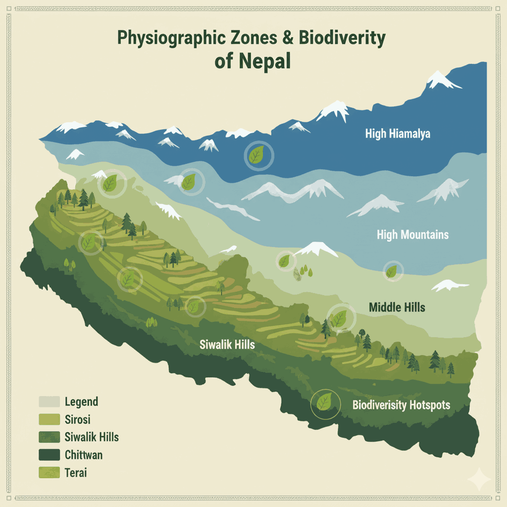 Map of Nepal’s physiographic zones, key biodiversity hotspots in Nepal, illustrating altitudinal variation.