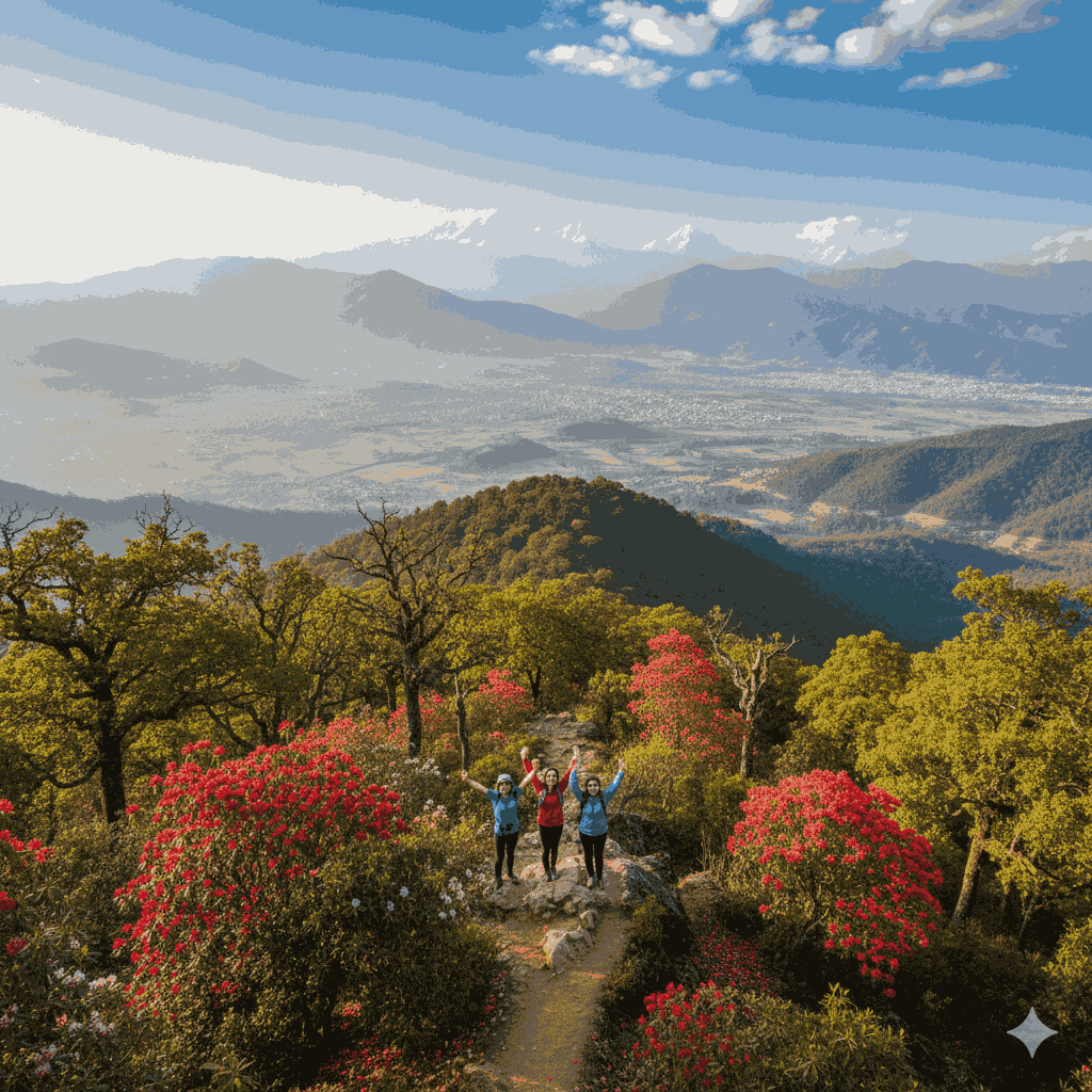 Phulchowki Hill, the best natural place to visit in Lalitpur with friends, offering breathtaking mountain views and vibrant spring blooms.