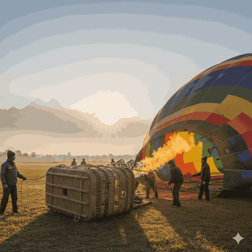 Preparing for flight during the best time for hot air balloon in Pokhara with Himalayan backdrop