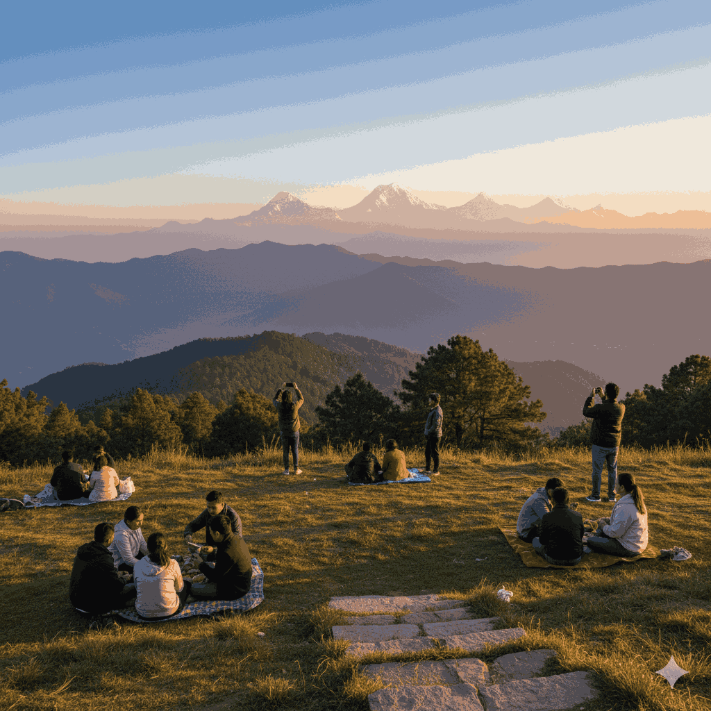 Scenic picnic spot near Kathmandu at Nagarkot with Himalayan mountain views during sunrise, ideal for outdoor picnics and photography.