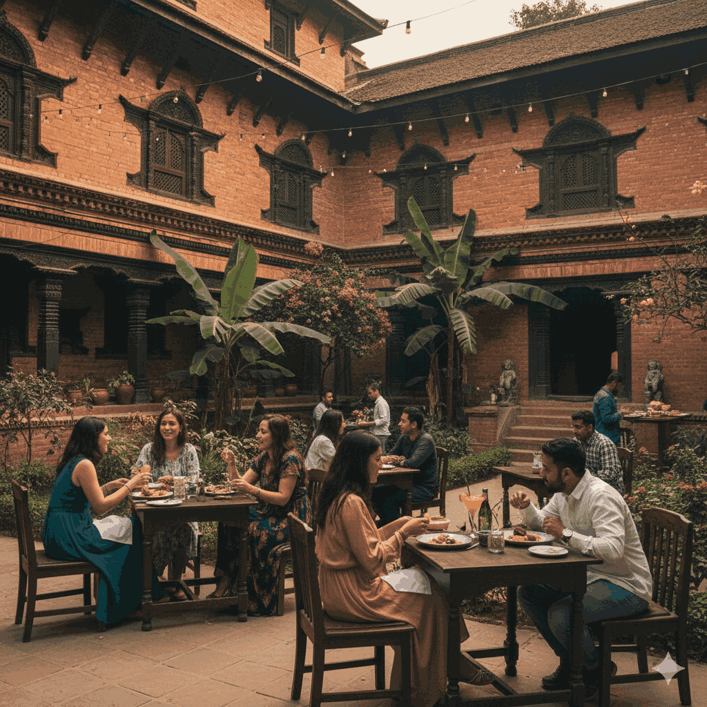 Dhokaima Cafe in Lalitpur, a heritage icon with historic architecture and lush courtyard, the best cafe in Lalitpur for history enthusiasts.