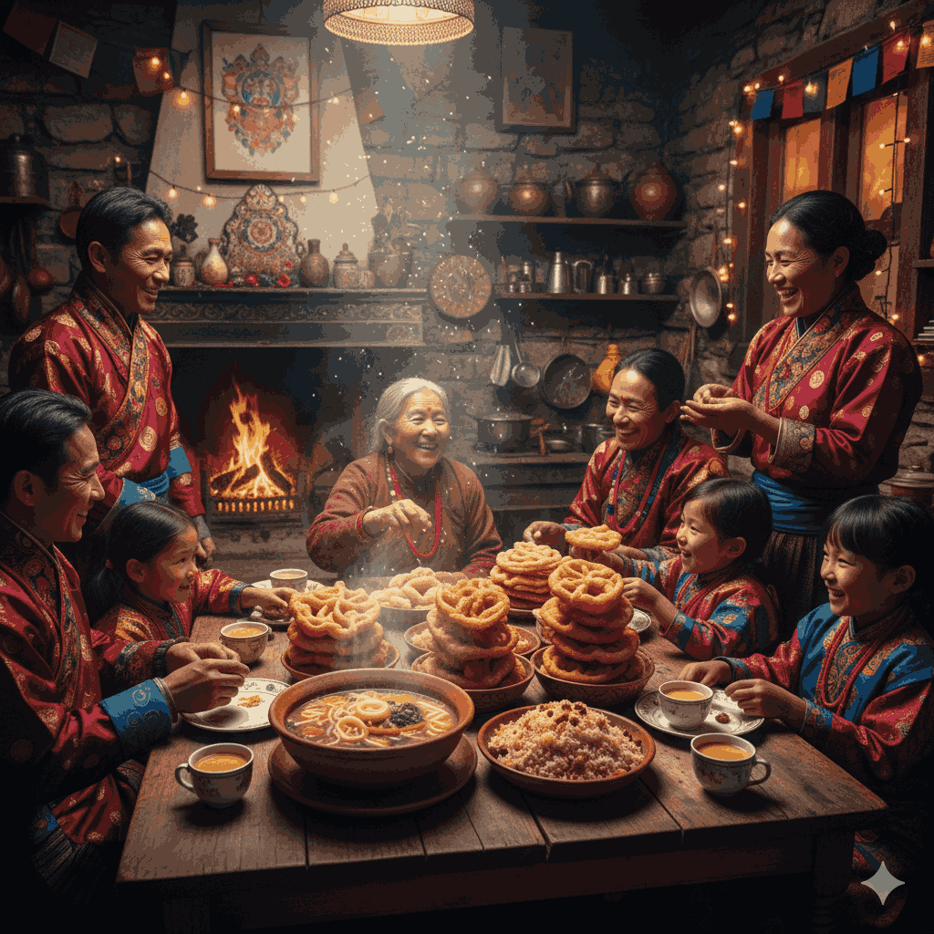 Traditional Food Prepared During Losar Festival in Nepal — Nepali families celebrating with authentic Losar dishes in a festive Himalayan setting.