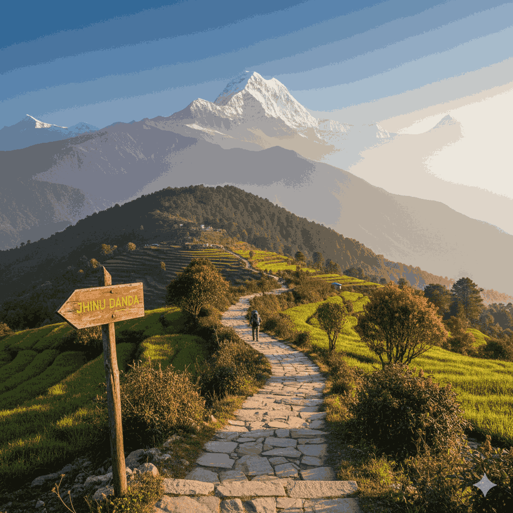 Trekkers crossing the iconic suspension bridge during their Jhinu Danda Trek adventure.