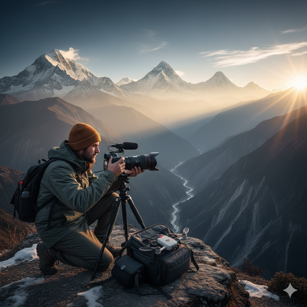 A person using a good starter camera to learn videography and photography in Nepal's Himalayas, perfect for beginners