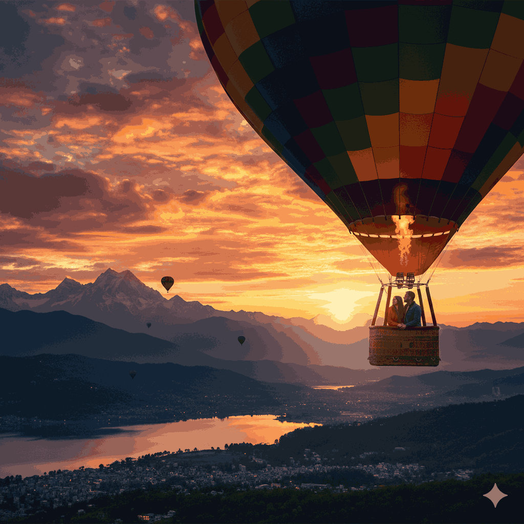 Romantic sunset hot air balloon in the best time for hot air balloon in Nepal