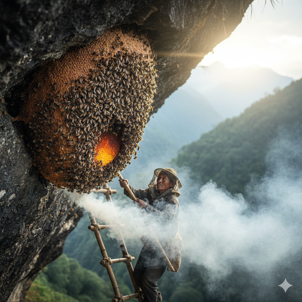 Massive honeybee hive hanging from a Nepalese cliff during the best season for honey hunting, with a hunter using smoke to calm the bees