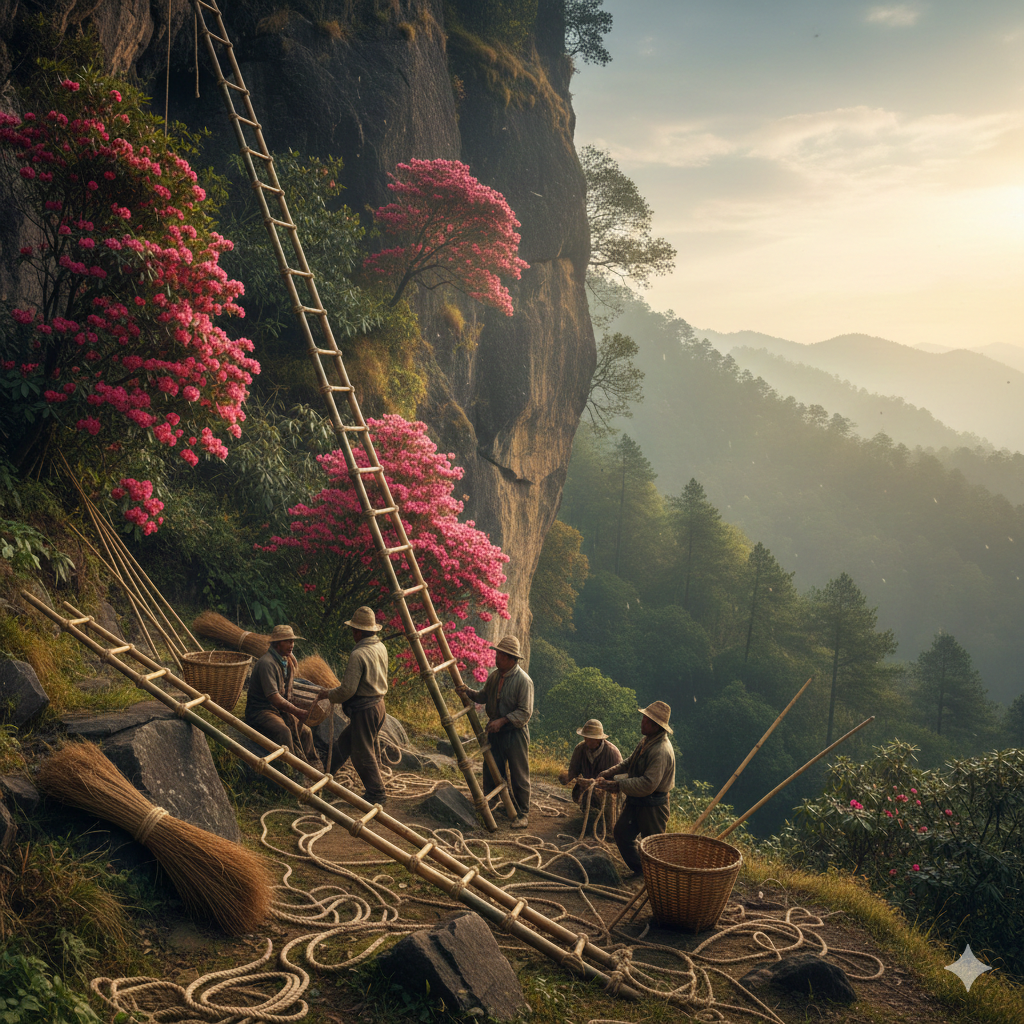 Honey hunters in Nepal during the best season for honey hunting, setting up bamboo ladders against lush green cliffs amid blooming rhododendrons