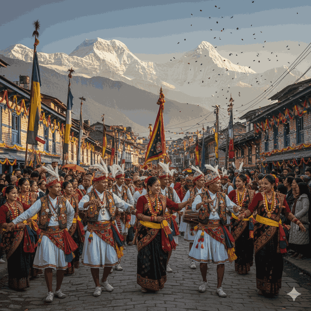 Different Types of Losar in Nepal: Tamu — Gurung community parade celebrating the Gurung New Year in traditional attire.