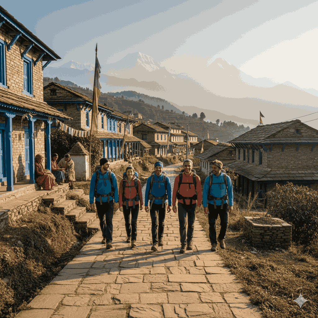 Easy trek in Nepal for beginners in 2026, lush trail with trekkers enjoying scenic views, well-marked paths, green hills, clear sky