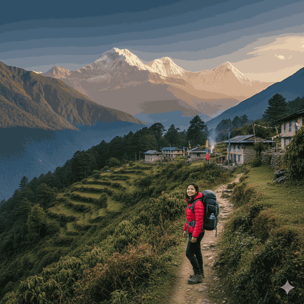 Solo female traveler trekking in Annapurna, surrounded by Himalayan scenery and traditional tea houses
