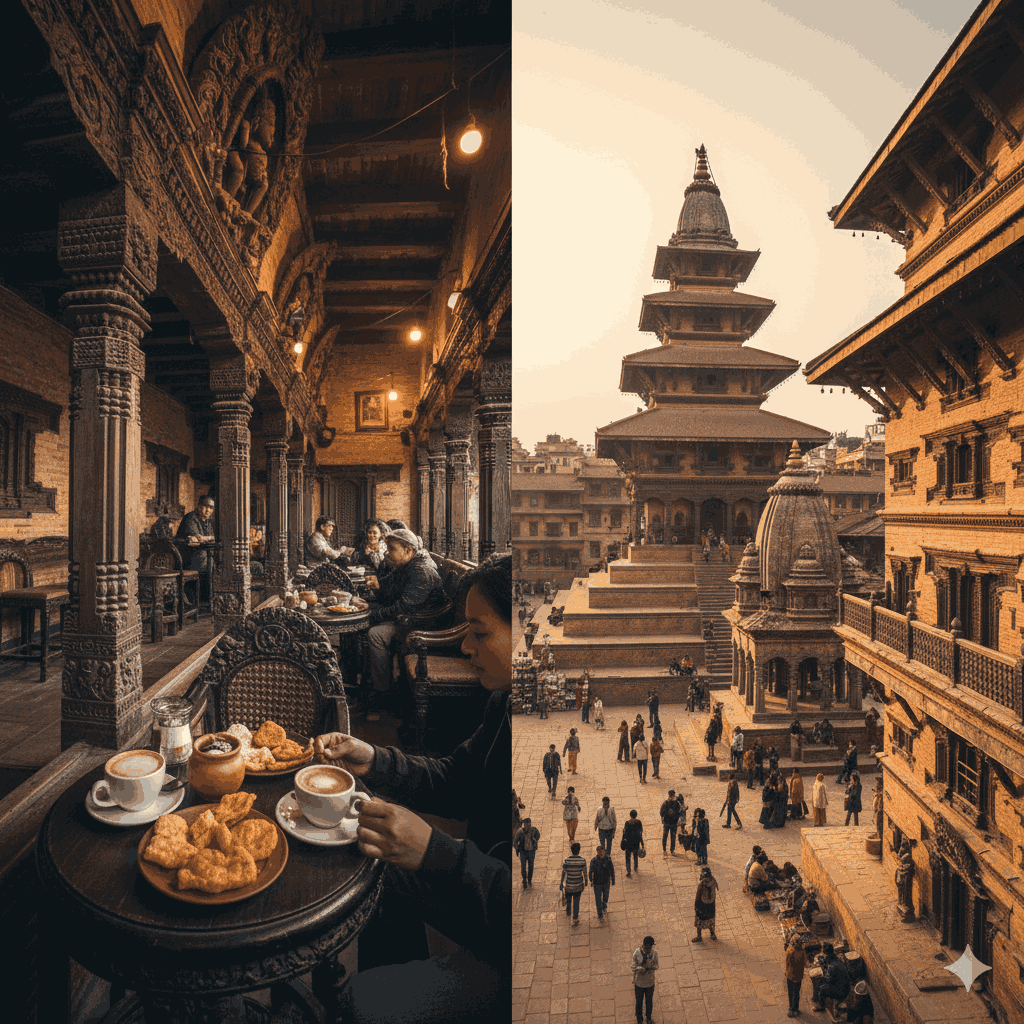 Cafe Nyatapola in Bhaktapur, a pagoda-style historic cafe with traditional carvings, the best cafe in Bhaktapur for cultural ambiance.