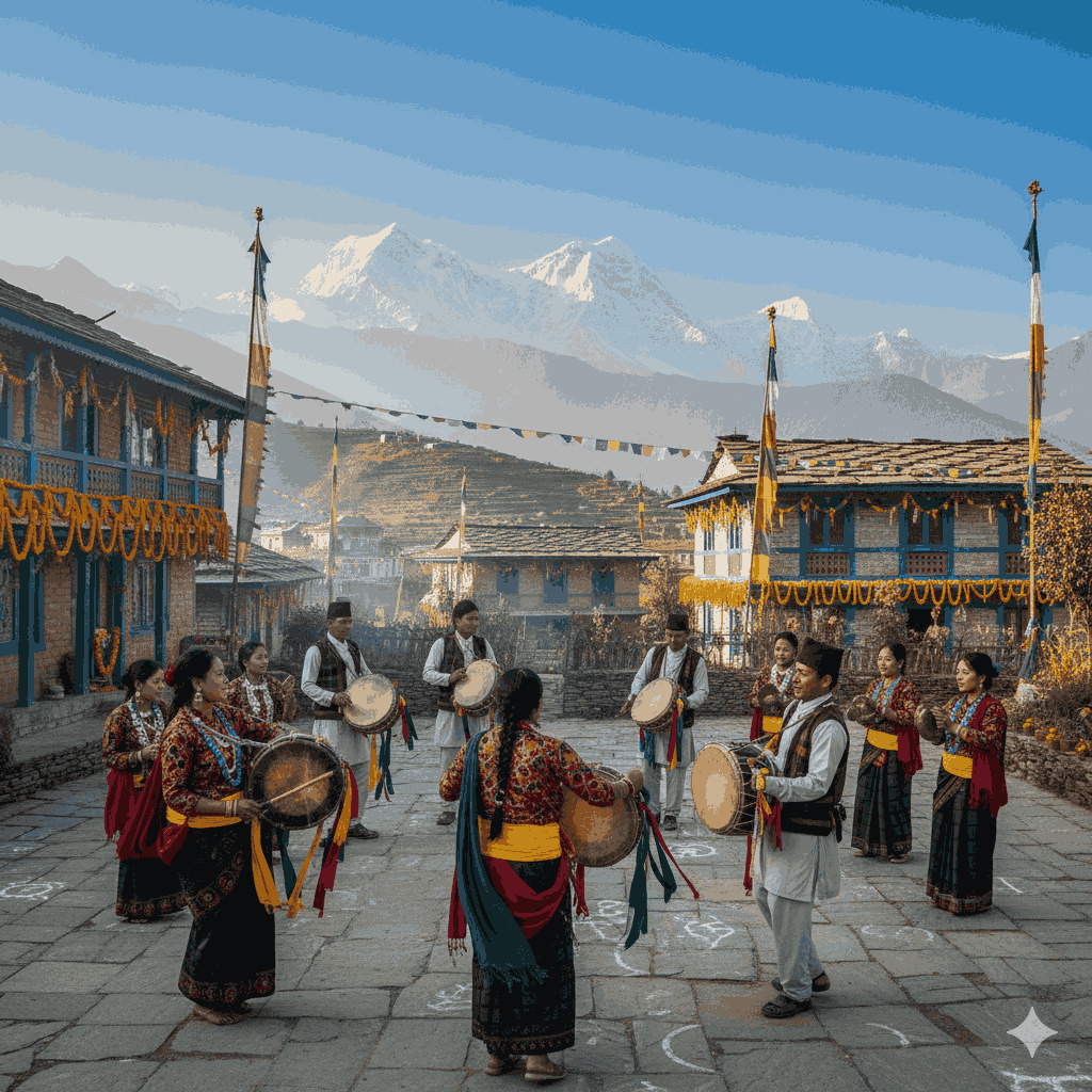 Different Types of Losar in Nepal: Sonam — Tamang community celebrating the Tamang New Year with traditional music and dance.