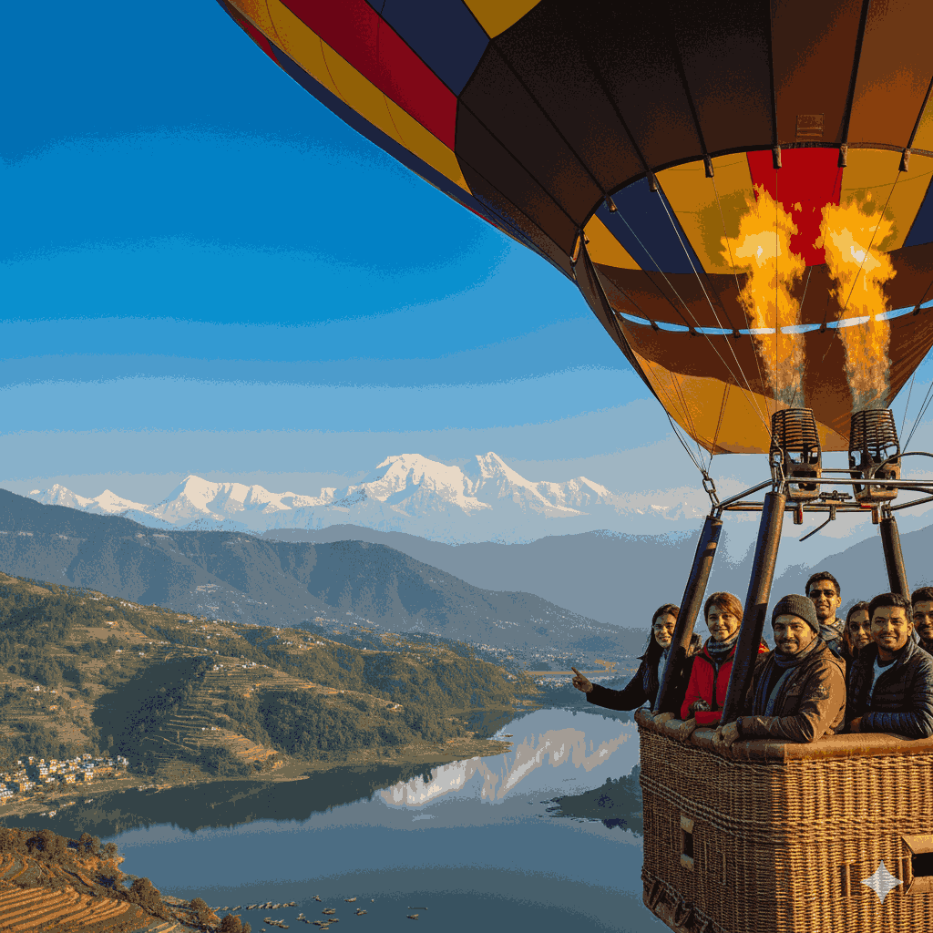Panoramic view during the best time for hot air balloon in Pokhara showcasing Himalayan scenery