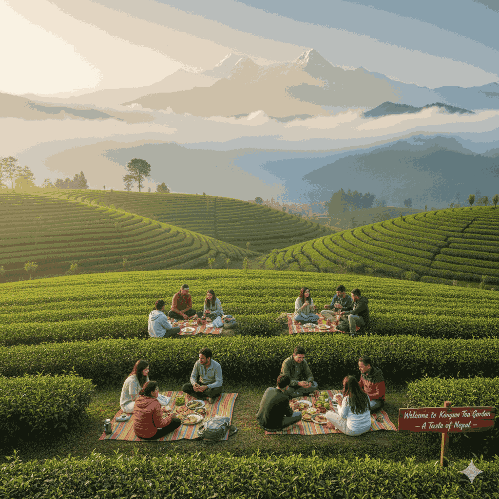 Scenic picnic spot in Nepal for tourists at Kanyam tea gardens, surrounded by lush green tea plantations.