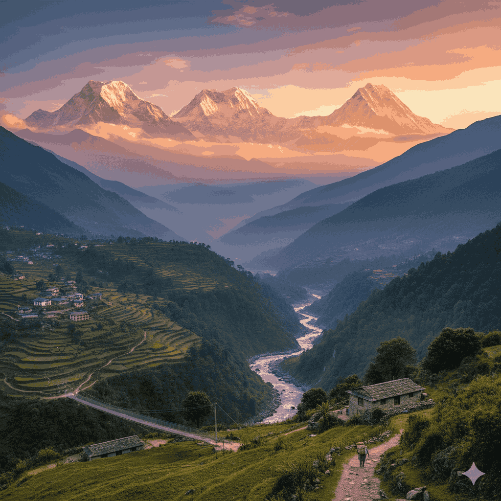 Panoramic view of the Himalayan mountains and lush valleys in Nepal, highlighting the natural beauty of the Tourist Attractions in Myagdi District