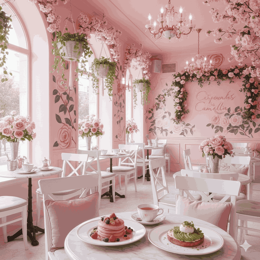 Aesthetic cafe in Pokhara featuring pastel pink decor and floral arrangements at Cafe Camellia. 