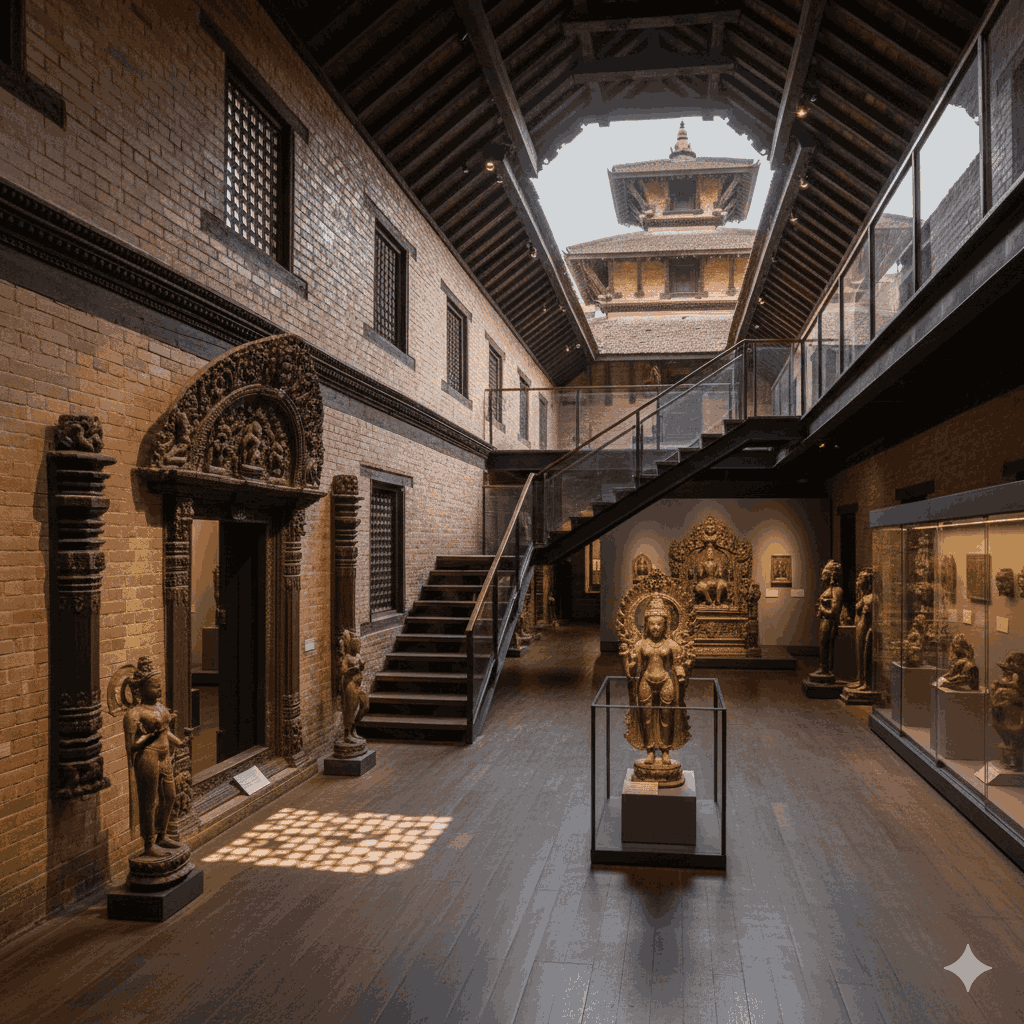 Interior of Patan Museum with Himalayan bronzes and Newar art, one of the best art museums in Nepal Kathmandu.