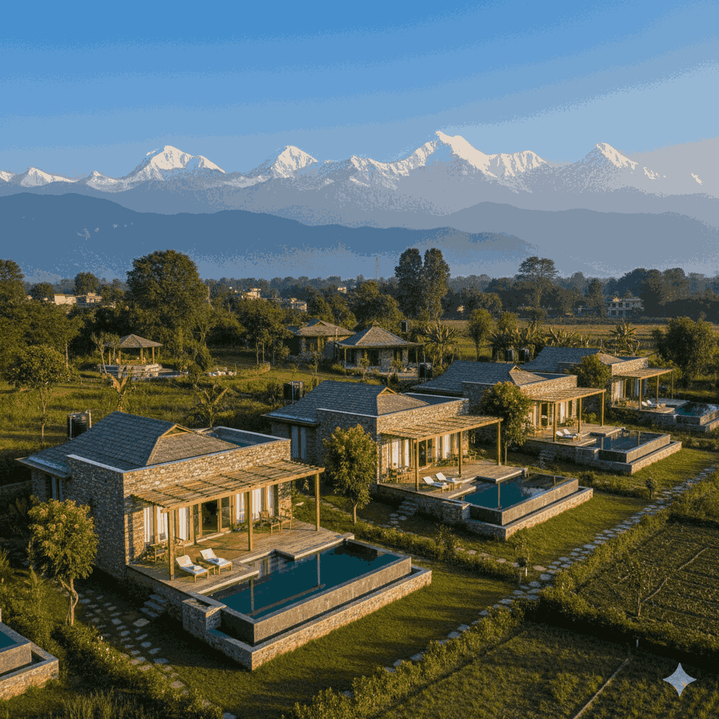“Luxury hotels in Nepal – The Pavilions Himalayas resort villa with Himalayan view