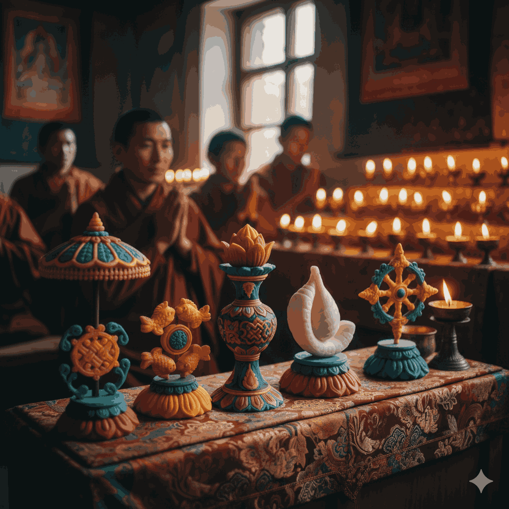  Losar Festival Decorations and Symbols Explained,The Eight Auspicious Symbols displayed on a sacred altar during Losar.